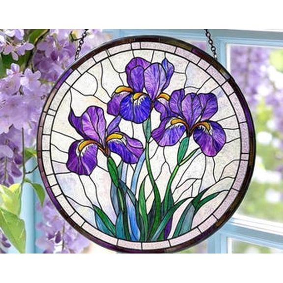 Purple Irises Glass Suncatcher: Iris Flowers Window Hanging, February Birth Month Flower Gift, 3.5 in