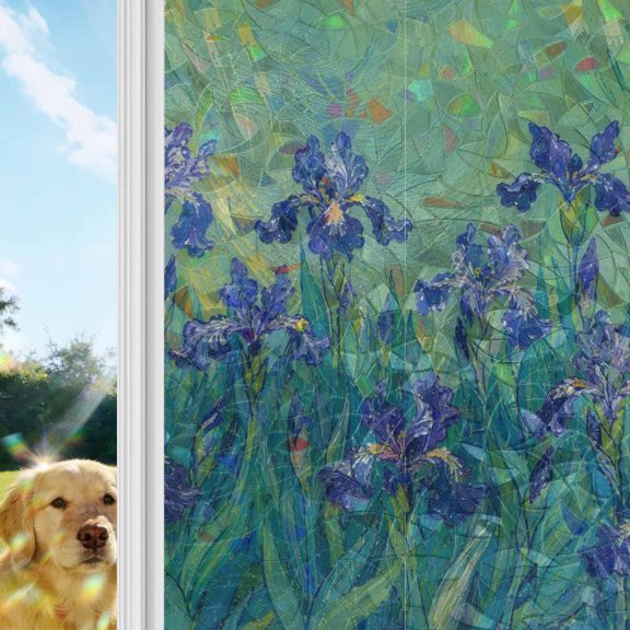 Purple Irises Rainbow Window Privacy Film, Spring Swirling Sky Green Leaf Rustic Oil Painting Style Stained Glass Window Film, Sun Blocking Static Cling Non Adhesive Door Stickers 17.7 x 39.3 Inches