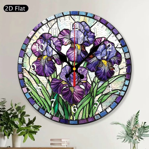 Purple Irises Round Wall Clock February Birth Month Flower Iris MDF Wood Stained Glass Style Purple Bloom Home Decor Art