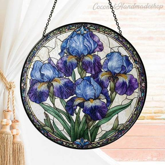 Purple Irises Stained Glass Suncatcher, February Birth Month Flower Window Hanging, Iris Suncatcher Gift for Mom, Flower Lovers Gift