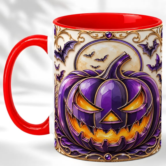 Purple Jack O Lantern Coffee Mug, Halloween Pumpkin Mug, Ceramic Cup