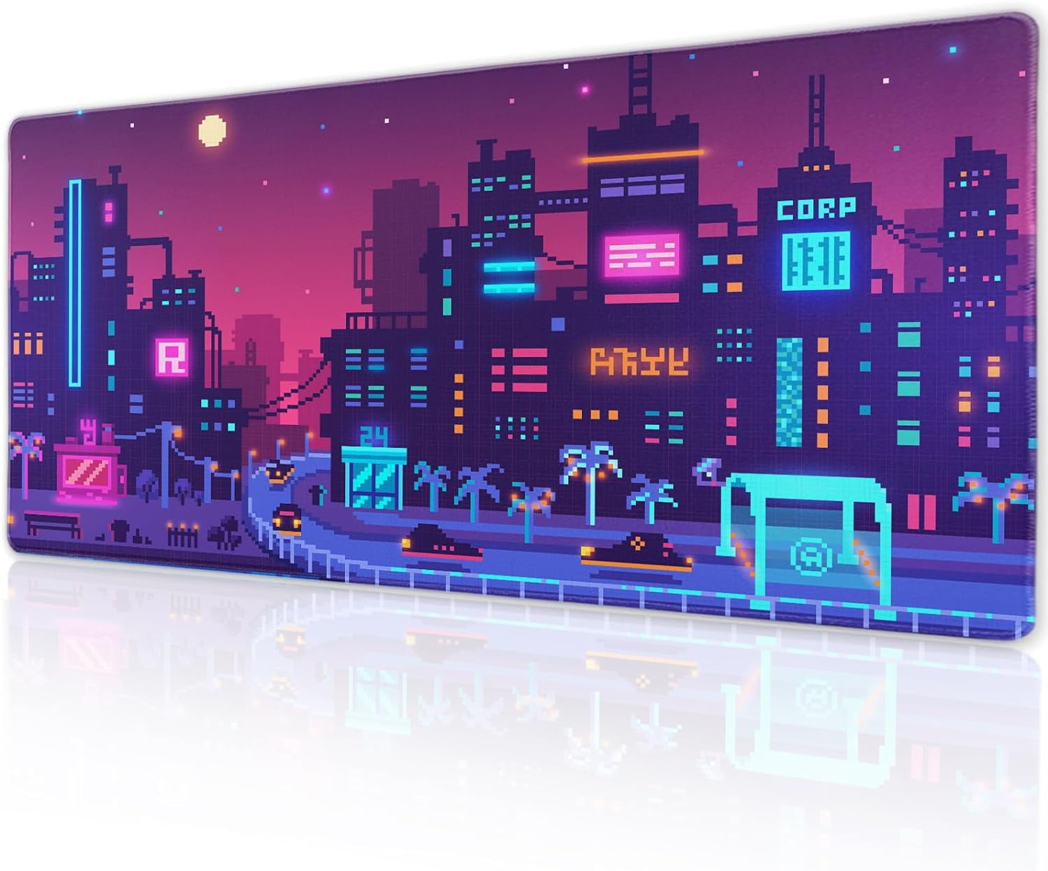 Purple Japanese City Gaming Mouse Pad XL 31.5×11.8 in Retro Pixel Neon Vaporwave Anime Street Extended Mousepad 30X80cm with Non-Slip Rubber Base Stitched Edge Large Desk Mat for Gamer Office Desk