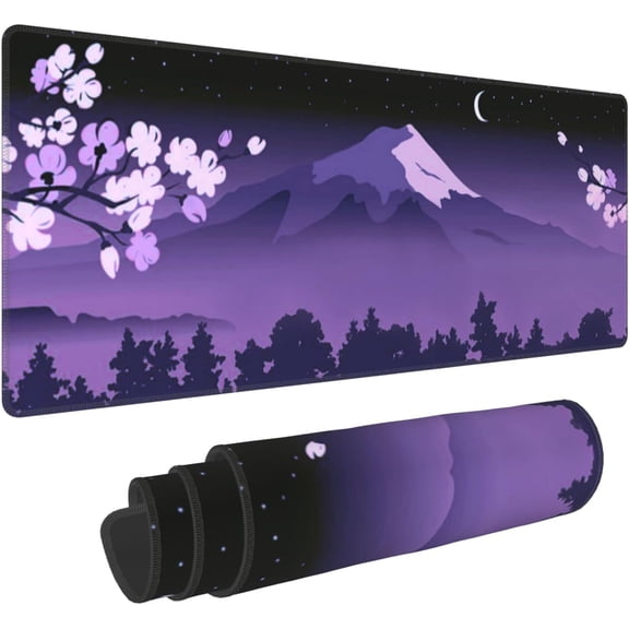Purple Japanese Fuji Cherry Blossom Large Mouse Pad XL Extended Gaming Mouse Pad Mat Desk Pad with Stitched Edge,Full Desk Mousepad for Office,Computer,Keyboard 31.5 X 11.8 Inch