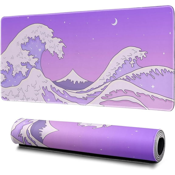 Purple Japanese Sea Wave Gaming Mouse Pad Large Mouse Pad for Keyboard and Mousepad Desk Mat with 3mm Non-Slip Base and Stitched Edge for Gaming and Office Computer Mat Protector Mat 31.5x11.8 Inch