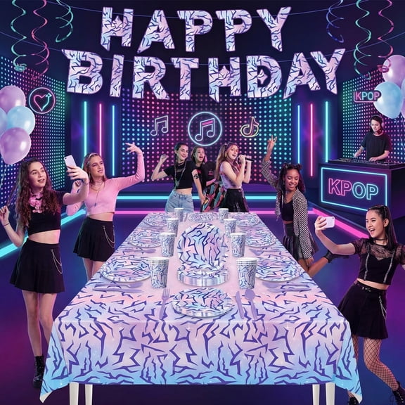 Purple K Pop Birthday Party Supplies Set For 10 Guests - Plates, Cups, Napkins, Banner & Tablecloth, Iridescent Diamond Decorations, All In One Tableware For Boys Girls