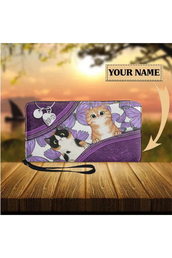 Purple Kawaii Cats Design Women Wallet Leather Multifunction Ladies Purse Wristlet Wallets Long Travel Card Holder Femme