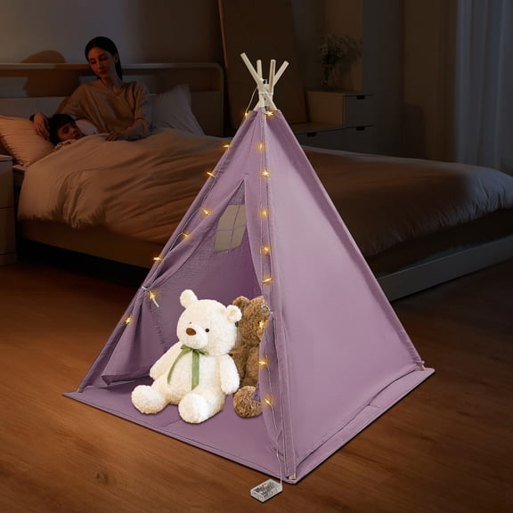 Purple Kids Teepee Tent for Children Cotton Linen Playhouse with Wood Poles, Mat & String Lights Included Large Indoor/Outdoor Play Tent for Boys Girls Ages 1-12, Machine Washable