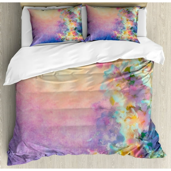 Purple King Size Duvet Cover Set, Watercolor Style Effect Spring Cherry Blossom Japanese Asian Nature Print, Decorative 3 Piece Bedding Set with 2 Pillow Shams, Marigold and Purple, by Ambesonne