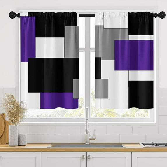 Purple Kitchen Curtains 36 Inch Length Dark Grey White Window Curtains Over Sink Set of 2, Modern Short Tier Curtain for Kitchen, Abstract Geometric Art Small Kitchen Decor 26x36 Inch