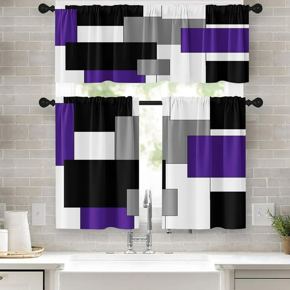 Purple Kitchen Curtains Black Grey Window Curtains Valance and Tier Set 36 Inch, White Modern Rod Pocket Short Tier Curtain for Bathroom, Abstract Art Small Cafe Curtains for Decor