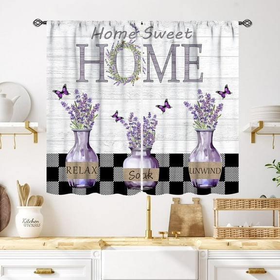 Purple Kitchen Curtains,Farmhouse Vintage Country Lavender Flowers Short Cafe Tier Curtains Home Sweet Bedroom Living Room Bathroom Window Drapes Treatment Home Decor 2 Panels,55X39 Inch