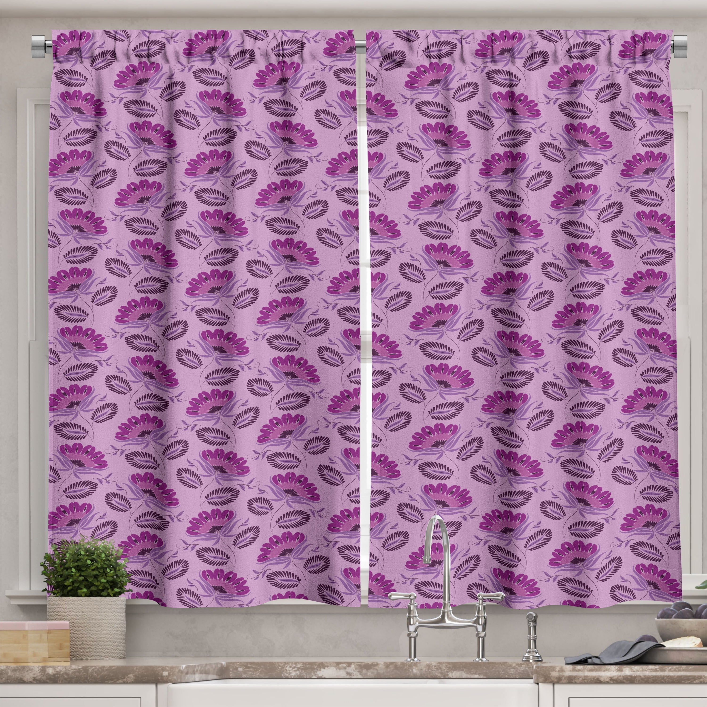 Purple Kitchen Curtains, Floral Composition Damask Inspired