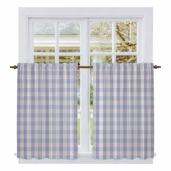 Purple Kitchen Curtains, Grid Checkered Plaid Gingham Lattice Trellis Light Filtering Window Curtain Panels, 2Pcs Rod Pocket Window Treatments Set for Cabin Bathroom Bedroom 52x45 Inches