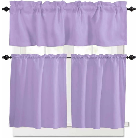 Purple Kitchen Curtains Set Small Half Curtains 24 Inches Length, Modern Pure Lavender Purple Rod Pocket Window Treatment Bedroom Tiers and Valance Set for Cafe Bathroom