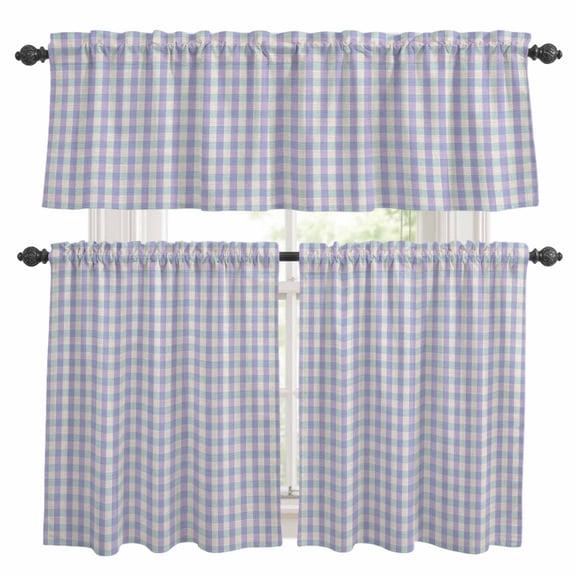 Purple Kitchen Curtains Sets for Windows 24 Inch Length, Grid Checkered Plaid Gingham Lattice Trellis Rod Pocket Window Treatments Tier Curtains and Valances Set for Bedroom/Bathroom