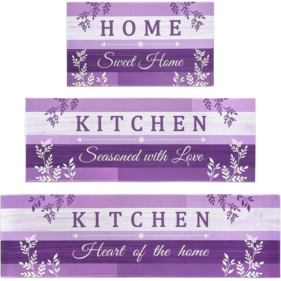 Purple Kitchen Rugs Sets of 3 Piece with Runner, Lavender Boho Floral Leaves Kitchen Floor Mat Rug Carpet Purple Kitchen Decor and Accessories Stuff for Home