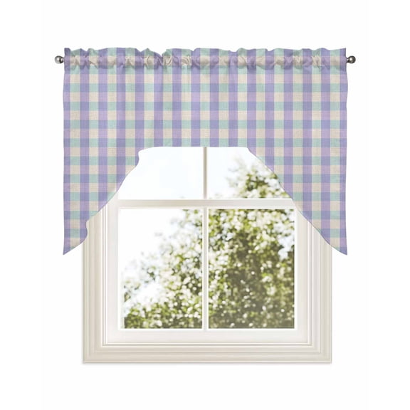 Purple Kitchen Swag Valance for Window,Rod Pocket Short Kitchen Curtains&nbsp;36 Inch Length,Grid Checkered Plaid Gingham Lattice Trellis Swag Topper Small Window Treatment for Cafe Bathroom Bedroom