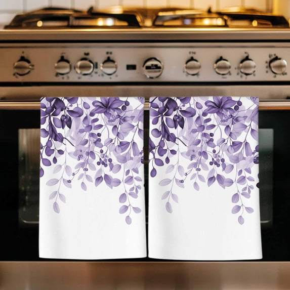 Purple Kitchen Towels Set of 1, Eucalyptus Leaves Absorbent Dish Towels for Kitchen, Microfiber Hand Towel, Quick Drying Tea Towel for Cleaning Decorative Dishcloths Summer Botanical Watercolor