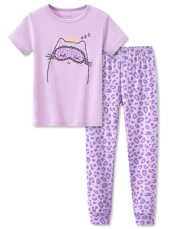 Purple Kittten Pajamas for Girls – Cotton Snug-Fitting Tee Shorts & Pants PJ Set Size 10