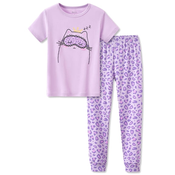 Topgal Purple Kittten Pajamas for Girls – Cotton Snug-Fitting Tee Shorts & Pants PJ Set Size 14