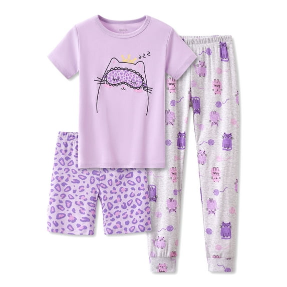 Purple Kittten pajamas for Girls – Cotton Snug-Fitting Tee Shorts & Pants PJ Set Size 14