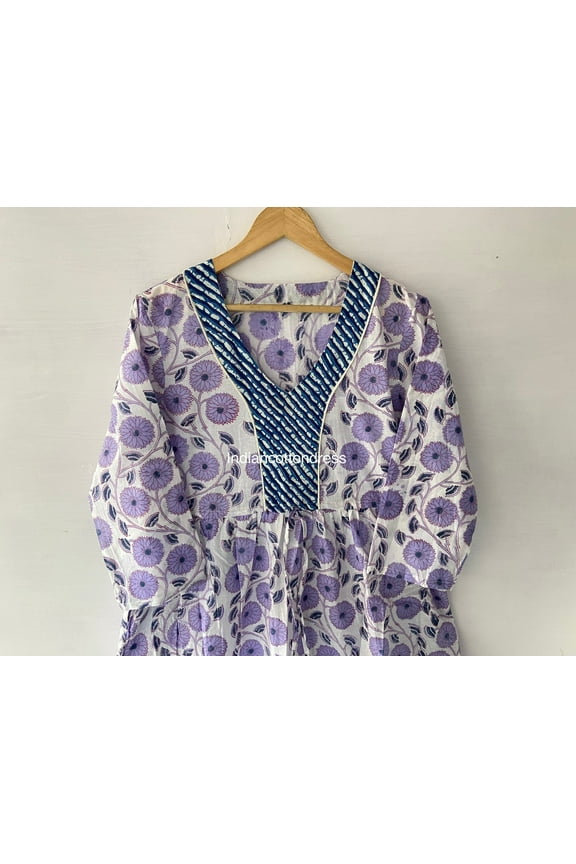 Purple Kitty Flower Printed Cotton Dress Floral Dress, Cotton Block Print Dress, Long Dressing Gown,Indian Cotton Dress