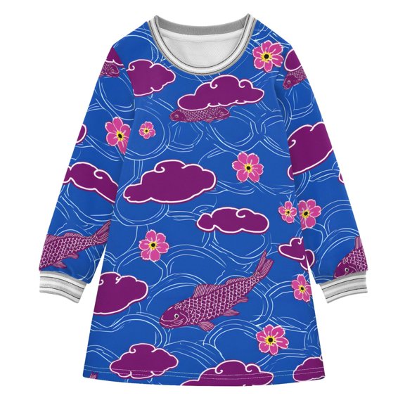 Purple Koi and Flowers Girls'long-sleeved dress Thickened A-dress Warm Dress Basic Shirt Party Dresses