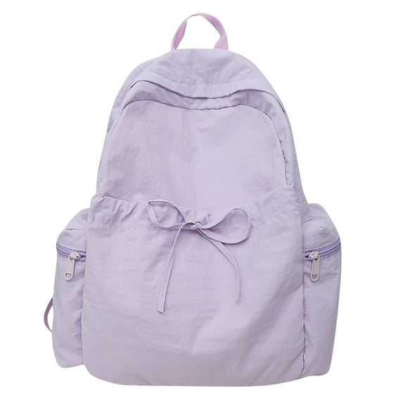 Purple Korean Lightweight Nylon Backpack Drawstring Sports Travel Backpack For Students Outdoor Hiking Camping Bookbag With Bow Design And Spacious Main Compartment Side Pockets Purple