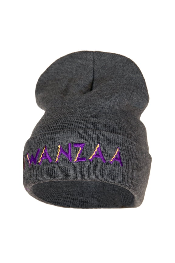 Purple Kwanzaa Embroidered Knitted Long Beanie - Heather Charcoal OSFM
