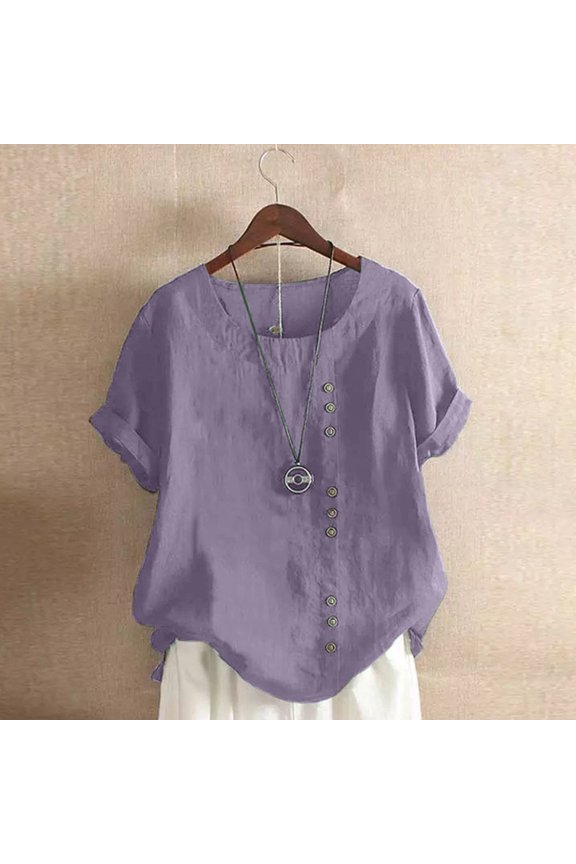 Purple L WIZUTIZ Womens Tops up to 65% Off Casual Fluffy Cotton Linen Tee Crew Neck Athletic Solid Tshirts Vintage Ladies Shirts Retro Oversize Tops Blouse Flowy Cotton Blend Short Sleeve Tshirt T-sh