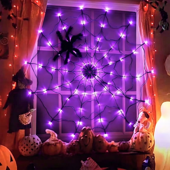 Purple LED Light Up Spider Web Decor with Plush Spiders, Halloween Giant Round Spider Net String Lights, Spooky Indoor Wall Ceiling Decor for Halloween Party Home Decorations