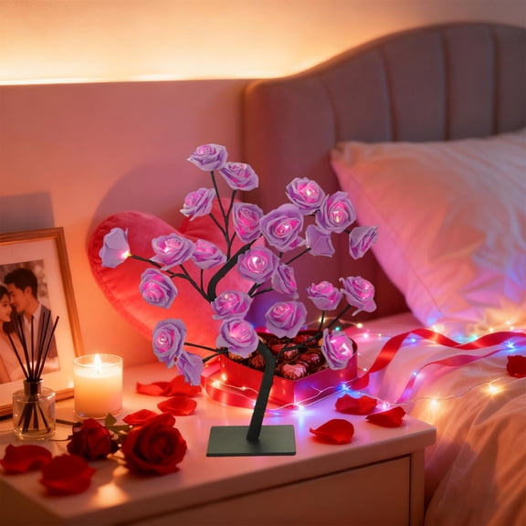 Purple LED Rose Tree Night Light – USB-Powered Ambient Table Lamp for Romantic Home & Festival Décor, Room Decor, Valentine's Day Decorations