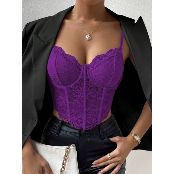 Purple Lace Bustier Cami Top With Spaghetti Straps And Corset Detail