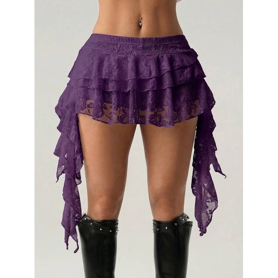 Purple Lace Tiered Ruffle Asymmetrical Mini Skirt With Built-In Safety Shorts