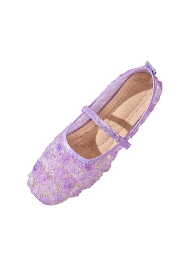 Purple Ladies Square Toe Flat Shoes Mesh Breathable 3D Rose Decor Lace Design Soft Sole Footwear For Daily Outdoor Leisure Wearing