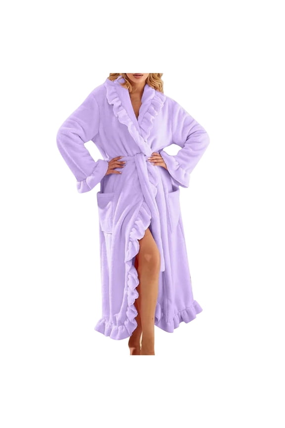 Purple Ladies Warm Fuzzy Cardigan Tie Knot Basic Long Robe Robe for Juniors Fleece Lined Wool Casual Winter Fall 2026 Clothes Y2K S