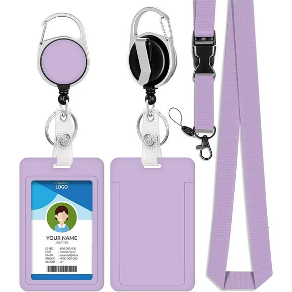 Purple Lanyards for Id Badges,Sliding ID Badge Holder Key Card Work Badge Sleeve with Retractable Badge Reel for Office, School Teacher, ID Credit Cards, Key Cards, Driver Licenses, Pass
