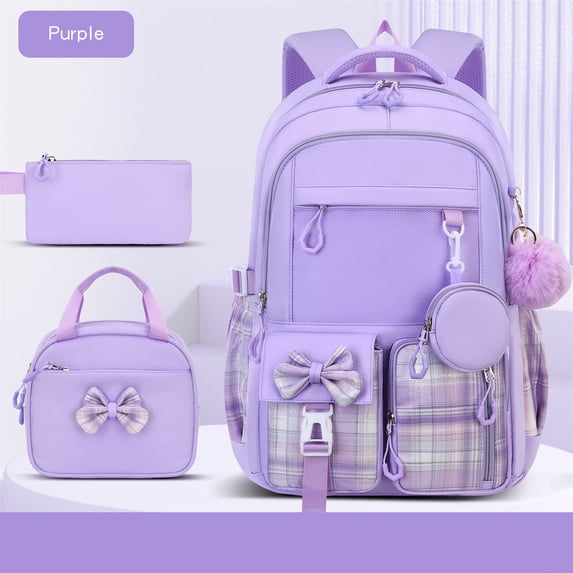 Purple Laptop Backpack Set 3 Piece, Water Resistant Nylon Bundle with Lunch Box Pencil Case, Large Capacity Travel Daypack Fits 15.6 Inch Computer, Anti-Theft Lightweight