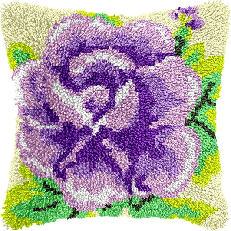 Purple Latch Hook Pillow Kits Pillow Cover with Pattern Printed Canvas Sofa Hooking Pillowcase Cushion Crafts Embroidery Latch Hooking Crochet Starter Kits 17x17 inch(1)