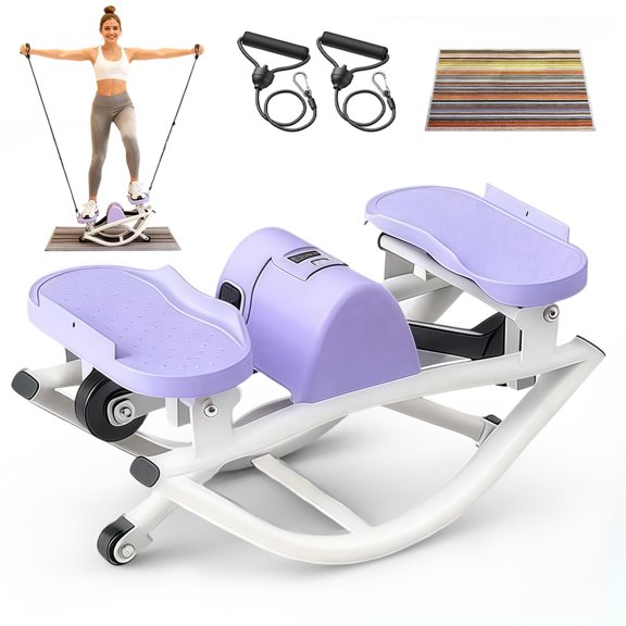 Purple Lateral Rocking Step Machine with Resistance Bands and Digital Counter