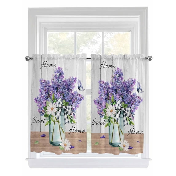Purple Lavender 2 Panel Kitchen Curtains for Windows, Spring Floral Daisy Butterfly Leaves Gray Bathroom Privacy Curtain, Home Décor Window Treatment for Bedroom/Living Room 55"x45"