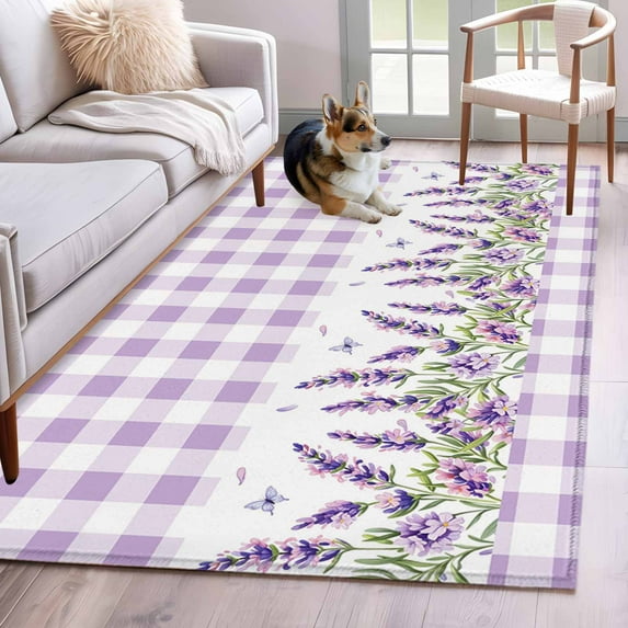 Purple Lavender Area Rugs 4x6 ft Watercolor Spring Floral Butterfly Purple Buffalo Plaid Washable Rug Non Slip Indoor Carpet Absorbent Floor Mat for Living Room Bedroom Dining Room