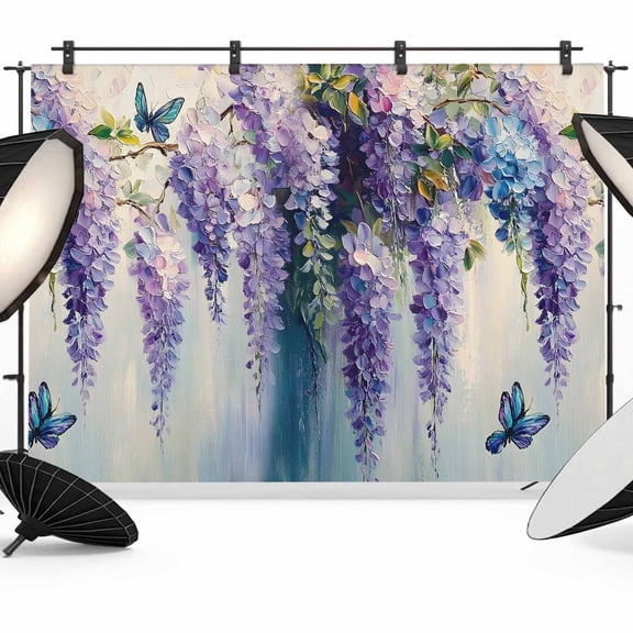 Purple Lavender Backdrop for Photography,Fabric Photo Background Backdrop,Butterfly Flower Abstract Brush Artwork Photo Booth Background for Portrait Photoshoot Video Wedding Decoration Banner 7x5ft