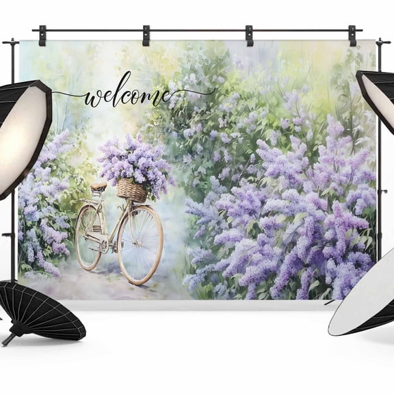 Purple Lavender Backdrop for Photography,Fabric Photo Background Backdrop,Green Leaves Spring Bike Botanical Photo Booth Background for Portrait Photoshoot Video Wedding Decoration Banner 7x5ft