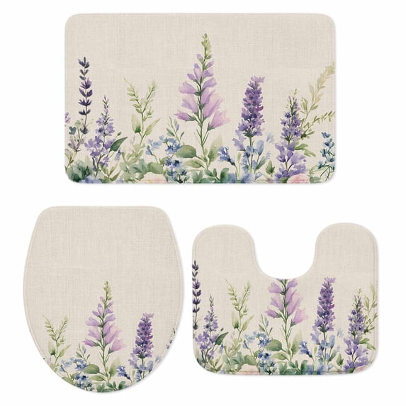 Purple Lavender Bath Mat 3 Piece Bathroom Rug Set, Botanical Blossom Motif Leaves Spring Non Slip Bath Rug Contour Mat and Toilet Lid Cover, Absorbent Shower Mats Soft Bath Rugs and Mats Sets