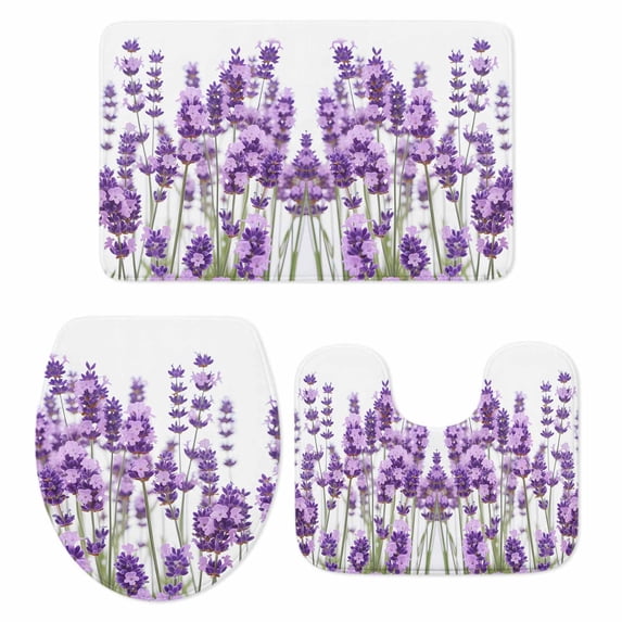 Purple Lavender Bath Mat 3 Piece Bathroom Rug Set, Farmhouse Pastoral Botanical Floral Non Slip Bath Rug Contour Mat and Toilet Lid Cover, Absorbent Shower Mats Soft Bath Rugs and Mats Sets