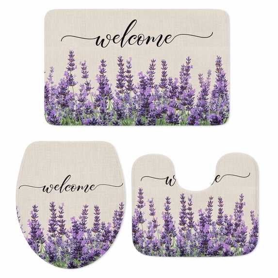 Purple Lavender Bath Mat 3 Piece Bathroom Rug Set, Purple Spring Floral Wildflower Plant Non Slip Bath Rug Contour Mat and Toilet Lid Cover, Absorbent Shower Mats Soft Bath Rugs and Mats Sets