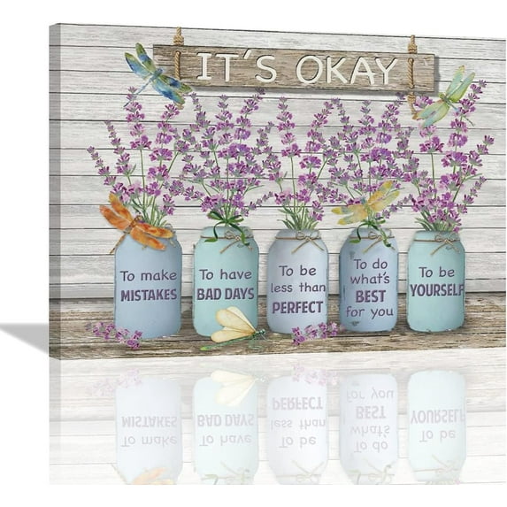 Purple Lavender Bathroom Decor Wall Art Lavender Flowers Dragonfly Picture Wall Decor It''s Okay Inspirational Quotes Canvas Painting Print Rustic Farmhouse Decor Artwork Framed for Living Room