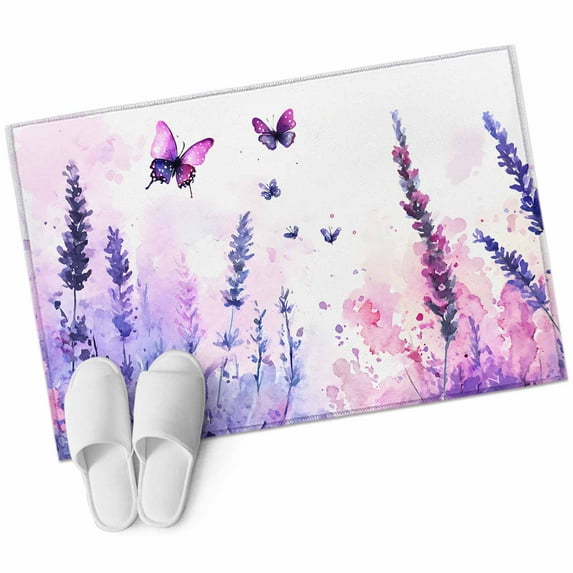 Purple Lavender Bathroom Mat 2x3 FT, Non Slip Small Kitchen Mat, Butterfly Flowers Spring Watercolor Washable Soft Backed Front Door Throw Rug Non-Shedding Indoor Outdoor Doormat for Entryway Sink