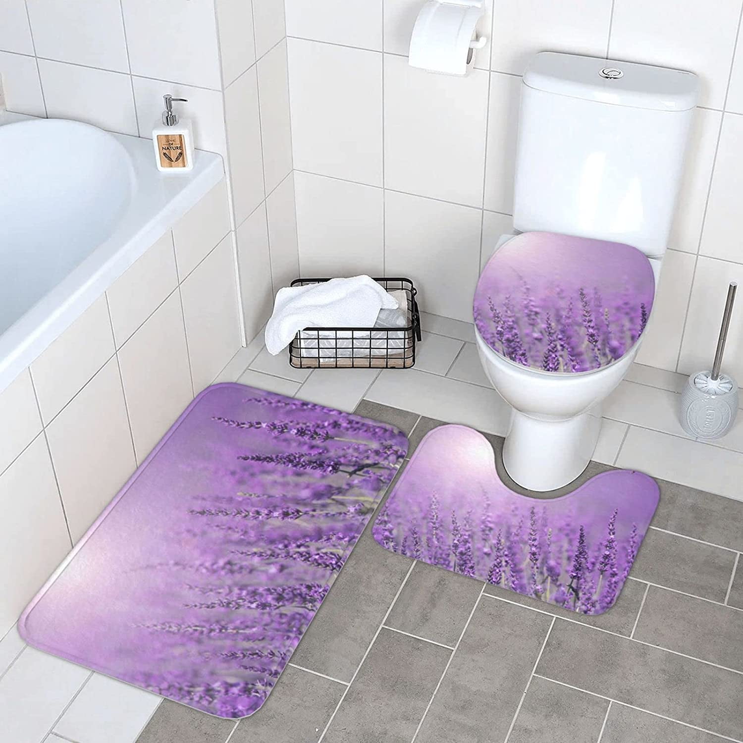 Purple Lavender Bathroom Rug Set 3 Pieces Ultra Soft Non Slip Bath Rugs Bath Rug + UShaped